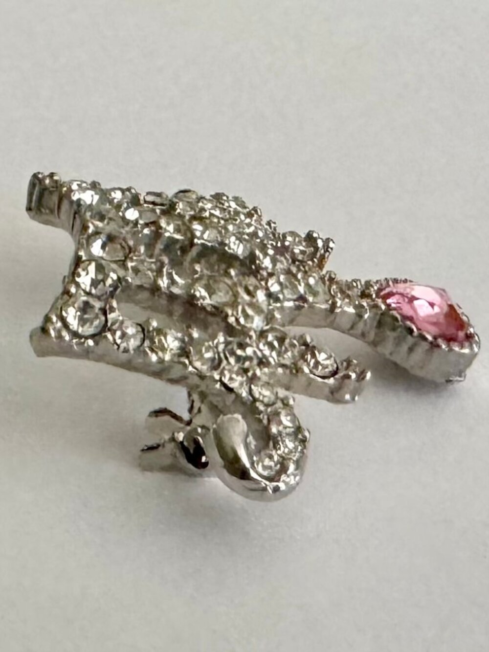 Vintage Silver Tone Rhinestone Crown Brooch Pink Heart Crystal Pin, MINT! - Picture 8 of 9